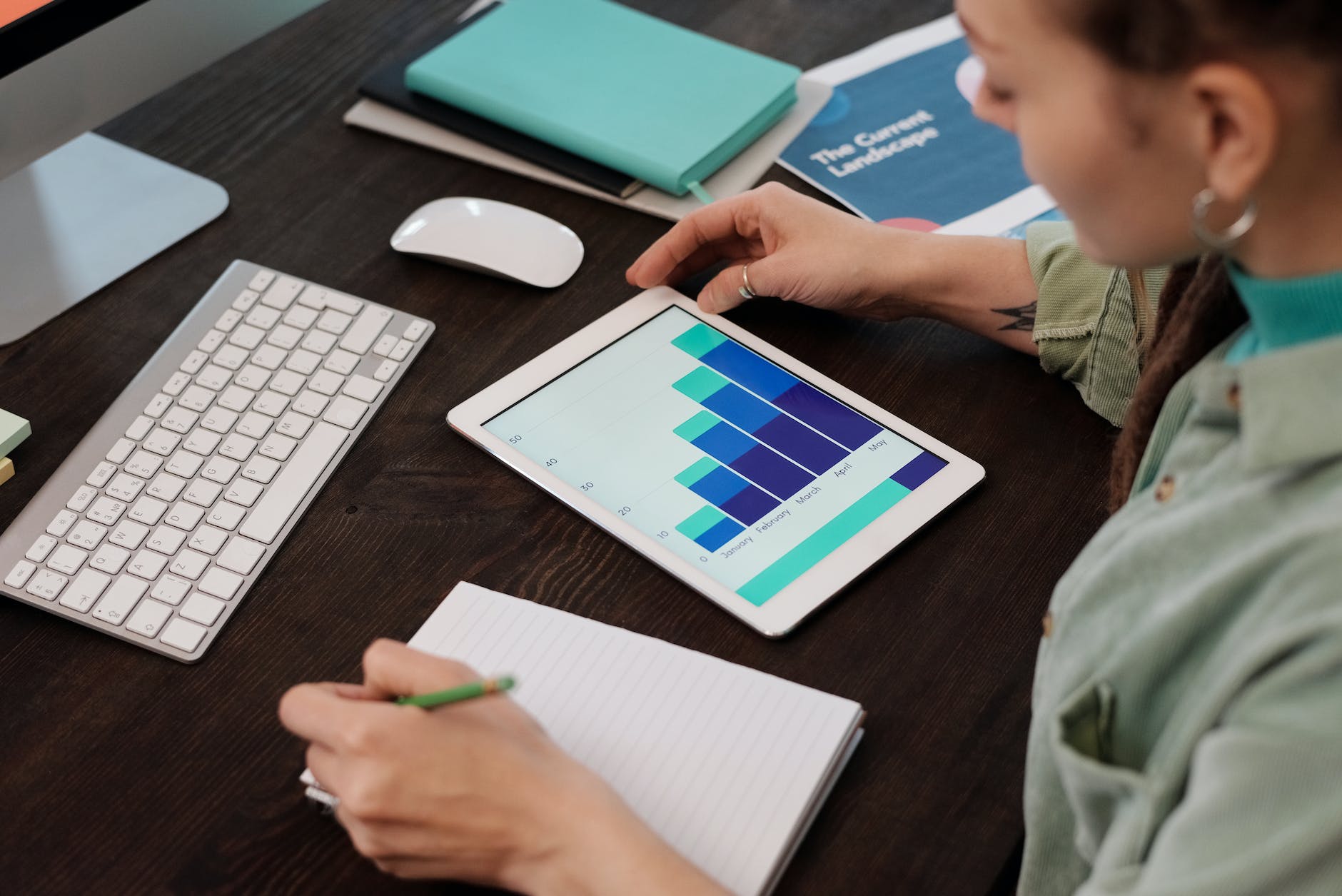 woman looking at a graph on a digital tablet